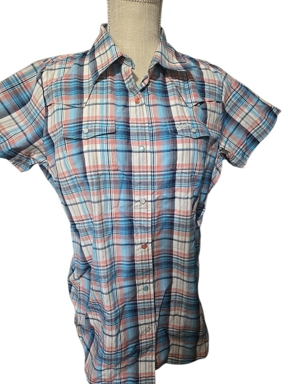 Outback Trading Co.Classic Plaid Short-Sleeve Womens Shirt - Blue & Coral Large